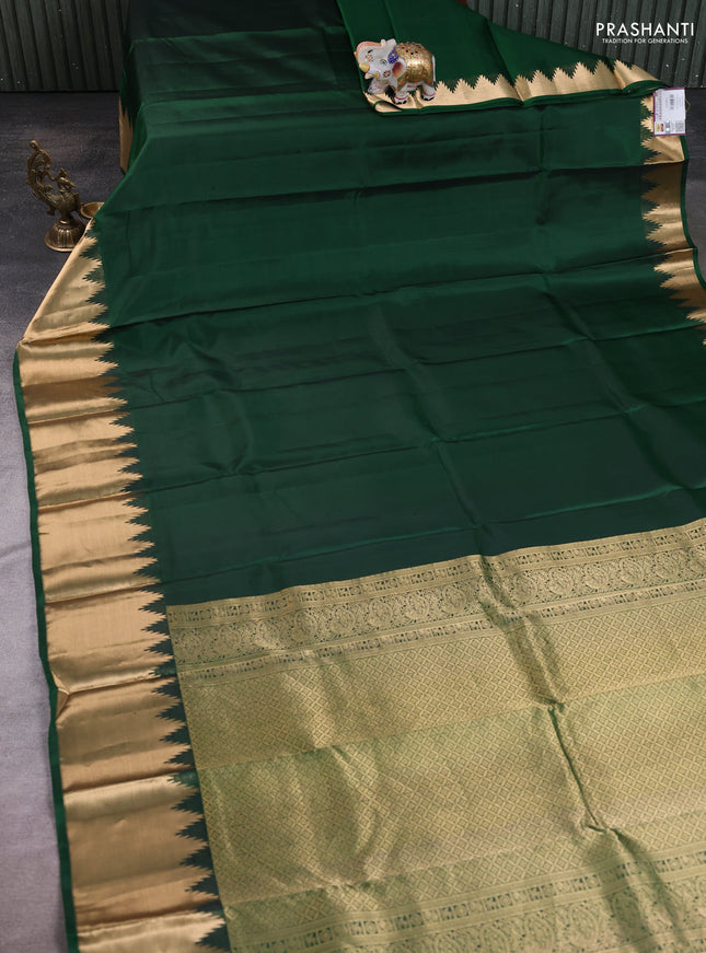 Bottle Green Pure Kanchipuram Silk Saree Embroidered Readymade Blouse