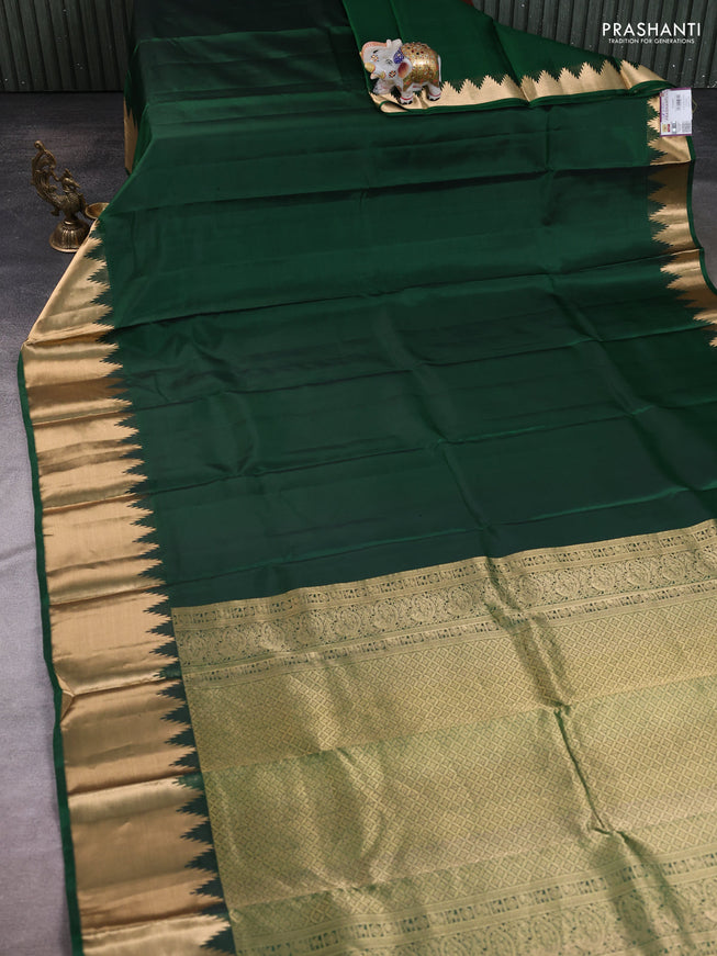 Bottle Green Pure Kanchipuram Silk Saree Embroidered Readymade Blouse