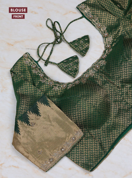 Bottle Green Pure Kanchipuram Silk Saree Embroidered Readymade Blouse