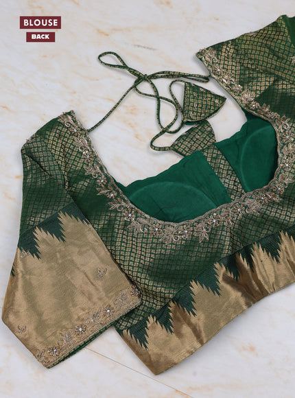 Bottle Green Pure Kanchipuram Silk Saree Embroidered Readymade Blouse