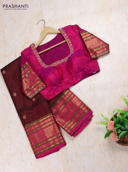 Maroon - Pink Pure Kanchipuram Silk Saree Embroidered Readymade Blouse