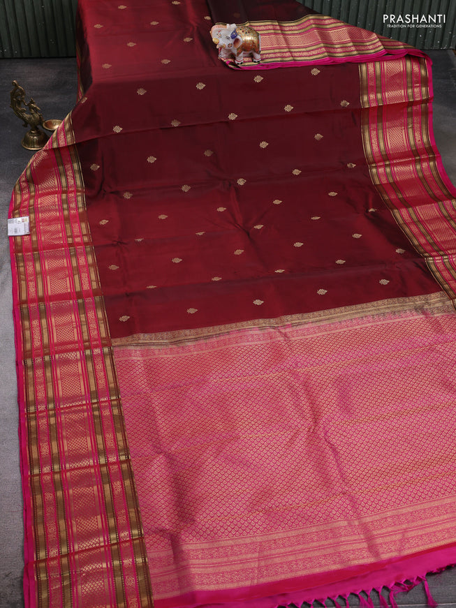 Maroon - Pink Pure Kanchipuram Silk Saree Embroidered Readymade Blouse