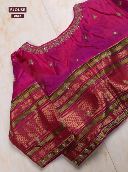 Maroon - Pink Pure Kanchipuram Silk Saree Embroidered Readymade Blouse