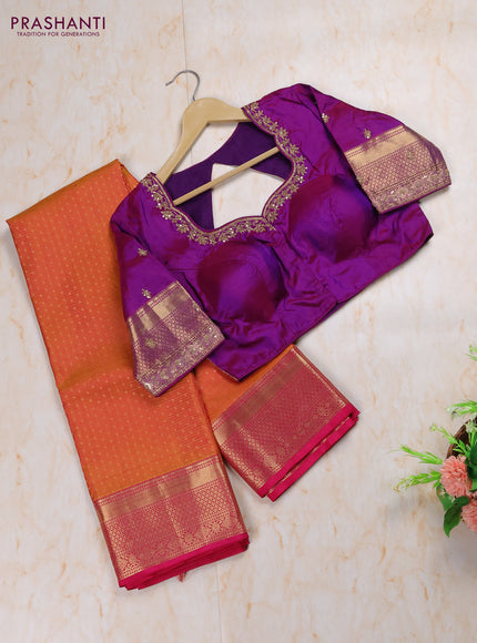 SunSet Orange - Purple Pure Kanchipuram Silk Saree Embroidered Readymade Blouse