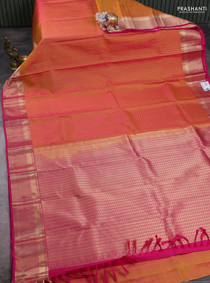 SunSet Orange - Purple Pure Kanchipuram Silk Saree Embroidered Readymade Blouse
