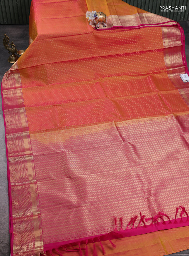 SunSet Orange - Purple Pure Kanchipuram Silk Saree Embroidered Readymade Blouse