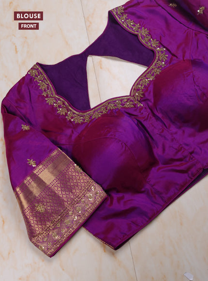 SunSet Orange - Purple Pure Kanchipuram Silk Saree Embroidered Readymade Blouse
