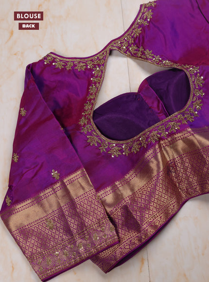 SunSet Orange - Purple Pure Kanchipuram Silk Saree Embroidered Readymade Blouse