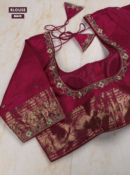 Green - Pink Pure Kanchipuram Silk Saree Embroidered Readymade Blouse