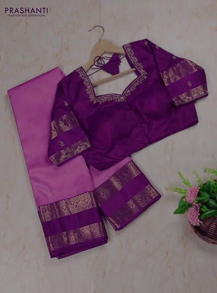 Light Pink -Purple Pure Kanchipuram Silk Saree Embroidered Readymade Blouse