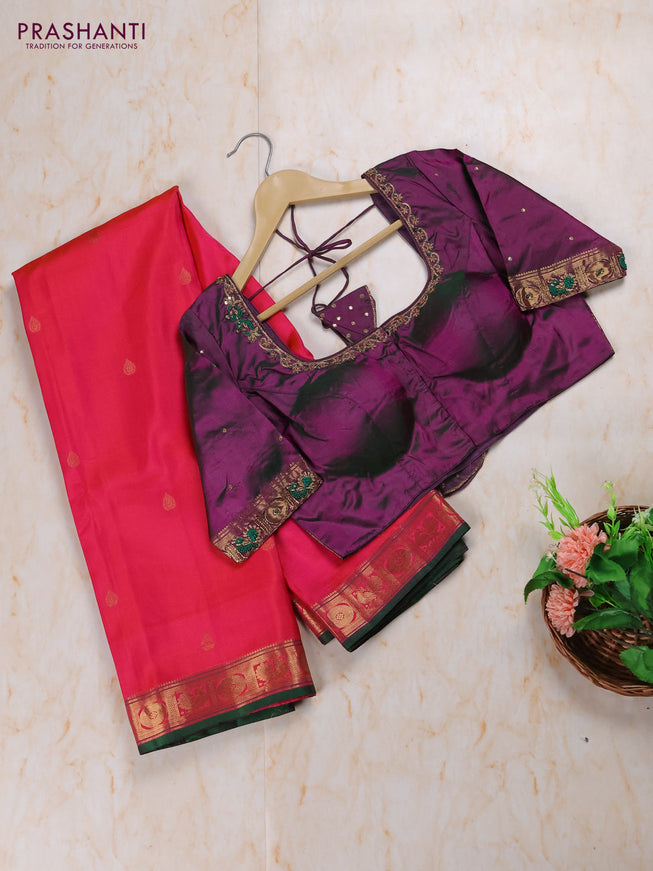 Dual Shade Of Pink - Purple Pure Kanchipuram Silk Saree Embroidered Readymade Blouse
