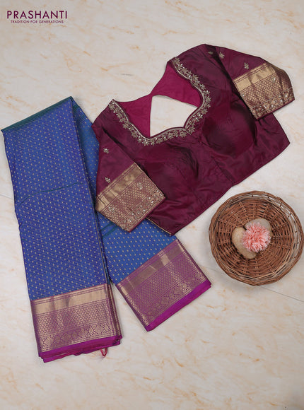 Dual Shade Of Blue - Purple Pure Kanchipuram Silk Saree Embroidered Readymade Blouse