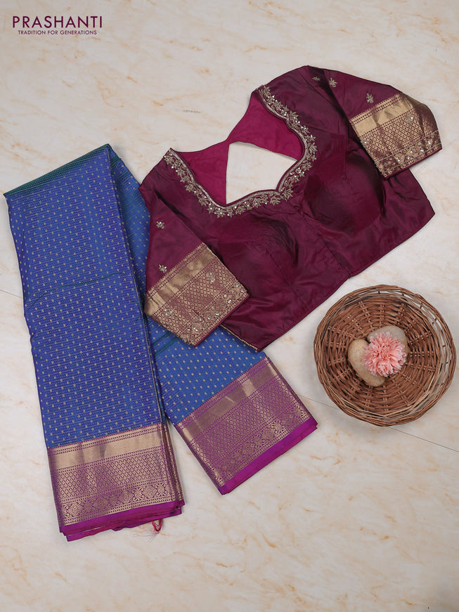 Dual Shade Of Blue - Purple Pure Kanchipuram Silk Saree Embroidered Readymade Blouse