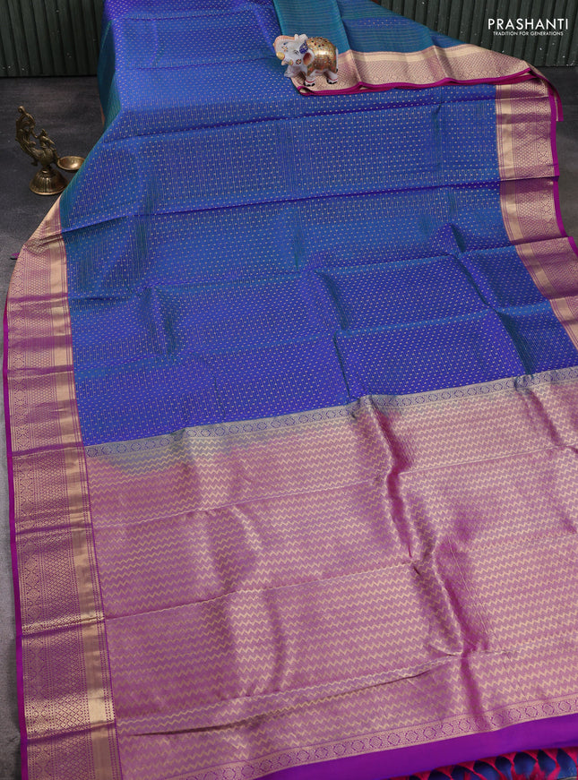 Dual Shade Of Blue - Purple Pure Kanchipuram Silk Saree Embroidered Readymade Blouse
