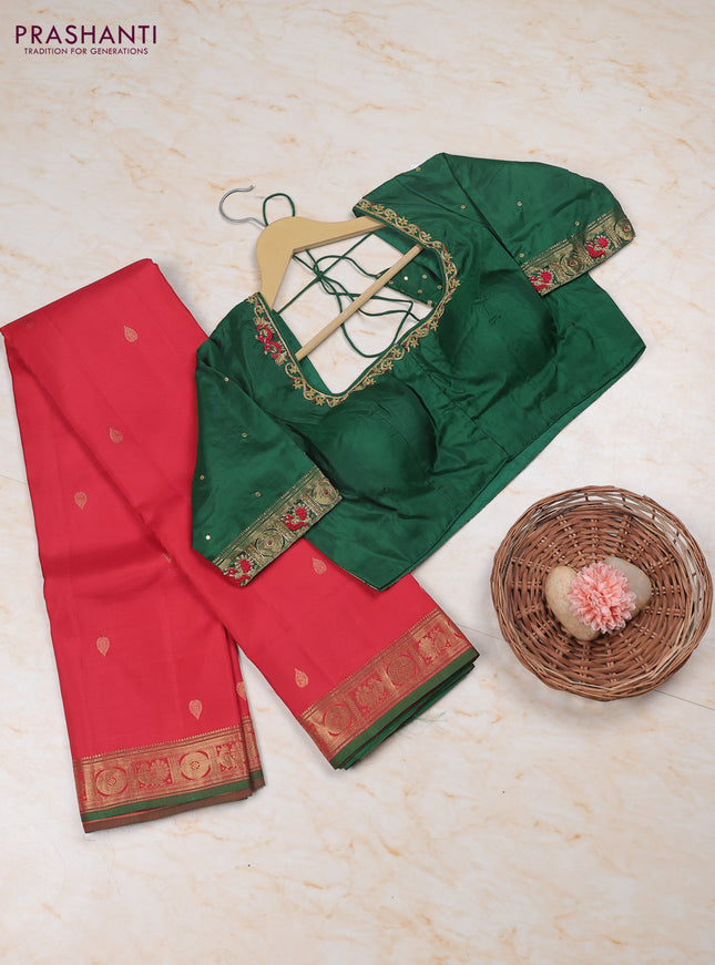 Red - Green Pure Kanchipuram Silk Saree Embroidered Readymade Blouse