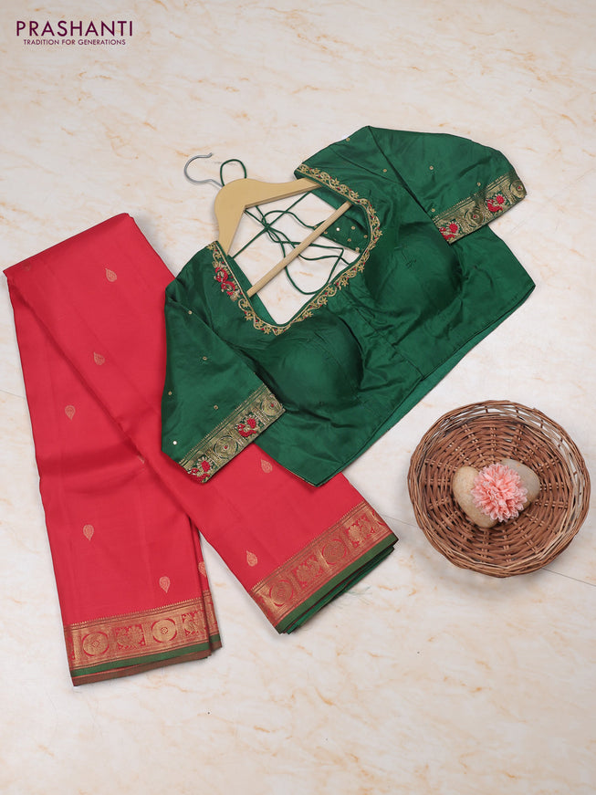 Red - Green Pure Kanchipuram Silk Saree Embroidered Readymade Blouse