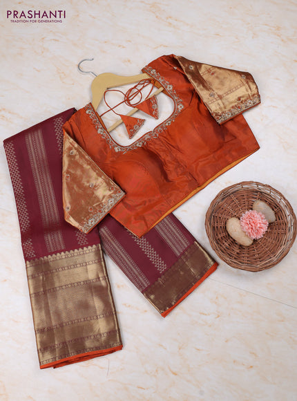 Deep Maroon - Rust Pure Kanchipuram Silk Saree Embroidered Readymade Blouse