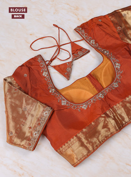 Deep Maroon - Rust Pure Kanchipuram Silk Saree Embroidered Readymade Blouse