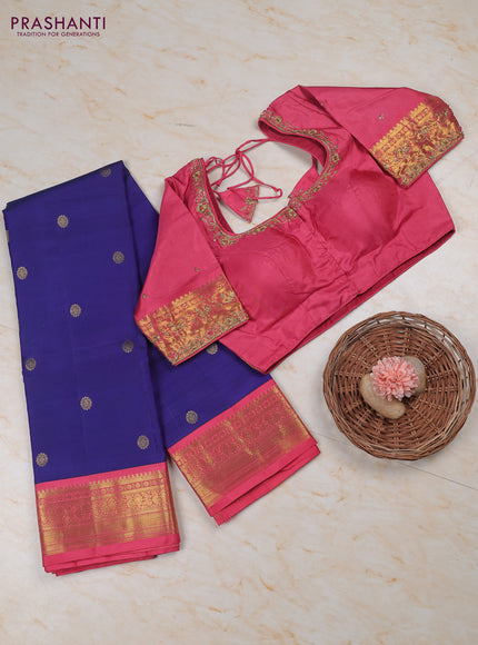 Royal Blue -Pink Pure Kanchipuram Silk Saree Embroidered Readymade Blouse