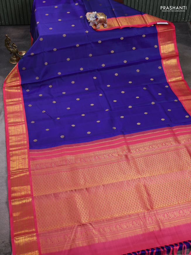 Royal Blue -Pink Pure Kanchipuram Silk Saree Embroidered Readymade Blouse