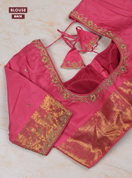 Royal Blue -Pink Pure Kanchipuram Silk Saree Embroidered Readymade Blouse