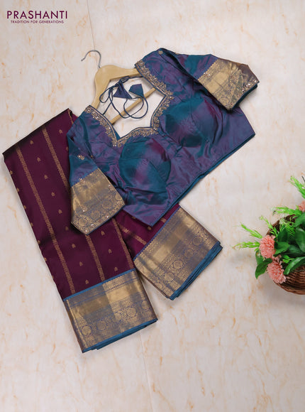 Dark Purple - Dual shade of Rama Green Pure Kanchipuram Silk Saree Embroidered Readymade Blouse