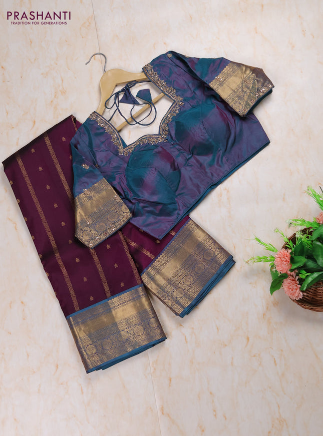 Dark Purple - Dual shade of Rama Green Pure Kanchipuram Silk Saree Embroidered Readymade Blouse