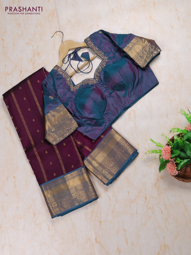 Dark Purple - Dual shade of Rama Green Pure Kanchipuram Silk Saree Embroidered Readymade Blouse