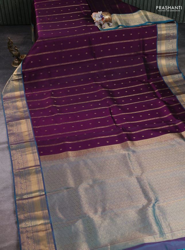 Dark Purple - Dual shade of Rama Green Pure Kanchipuram Silk Saree Embroidered Readymade Blouse