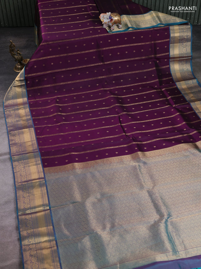 Dark Purple - Dual shade of Rama Green Pure Kanchipuram Silk Saree Embroidered Readymade Blouse