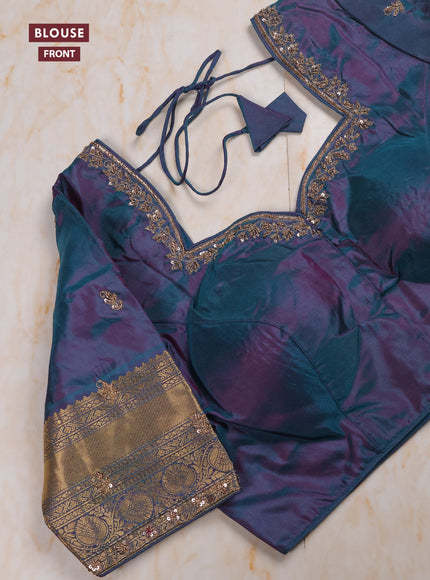 Dark Purple - Dual shade of Rama Green Pure Kanchipuram Silk Saree Embroidered Readymade Blouse