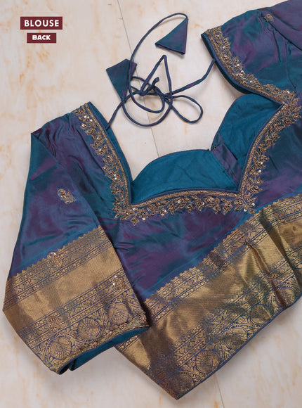 Dark Purple - Dual shade of Rama Green Pure Kanchipuram Silk Saree Embroidered Readymade Blouse