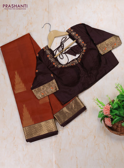 Rust - Coffee Brown Pure Kanchipuram Silk Saree Embroidered Readymade Blouse