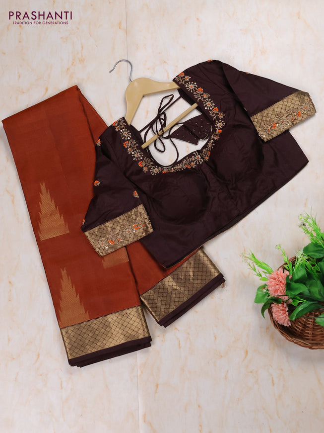 Rust - Coffee Brown Pure Kanchipuram Silk Saree Embroidered Readymade Blouse