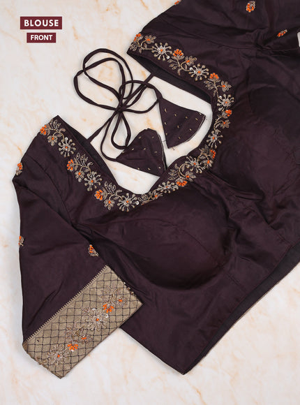 Rust - Coffee Brown Pure Kanchipuram Silk Saree Embroidered Readymade Blouse