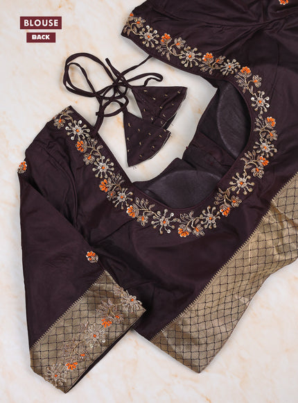 Rust - Coffee Brown Pure Kanchipuram Silk Saree Embroidered Readymade Blouse
