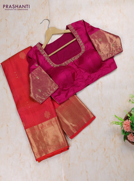 Dual Shade Of Pinkish Orange - Purple Pure Kanchipuram Silk Saree Embroidered Readymade Blouse