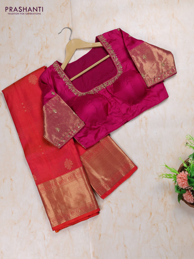 Dual Shade Of Pinkish Orange - Purple Pure Kanchipuram Silk Saree Embroidered Readymade Blouse