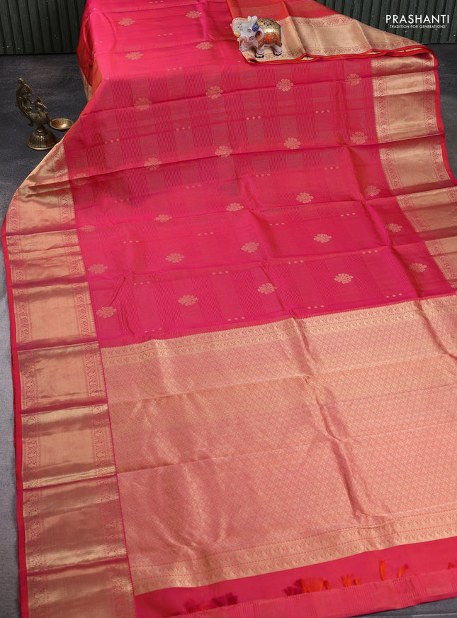 Dual Shade Of Pinkish Orange - Purple Pure Kanchipuram Silk Saree Embroidered Readymade Blouse