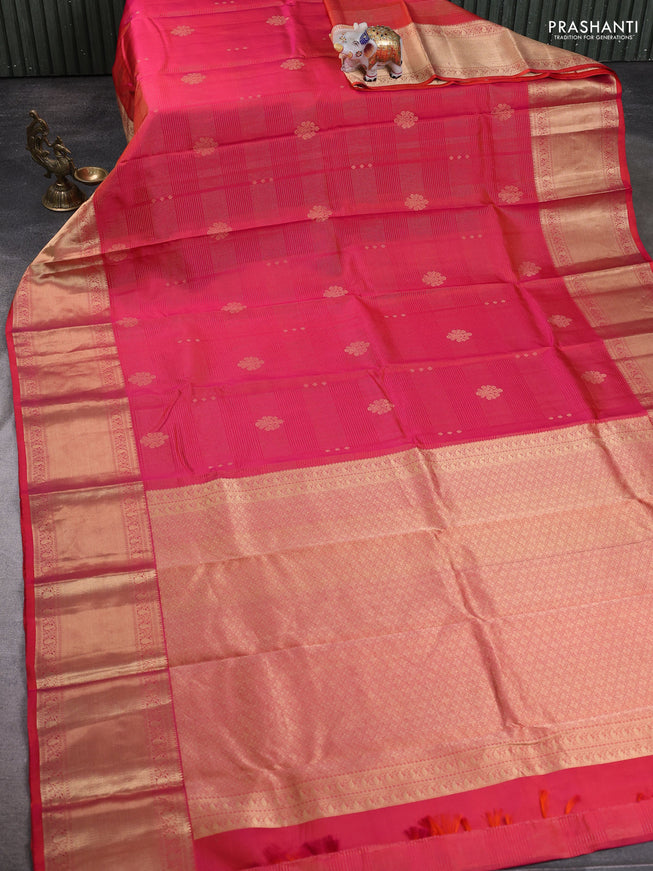 Dual Shade Of Pinkish Orange - Purple Pure Kanchipuram Silk Saree Embroidered Readymade Blouse