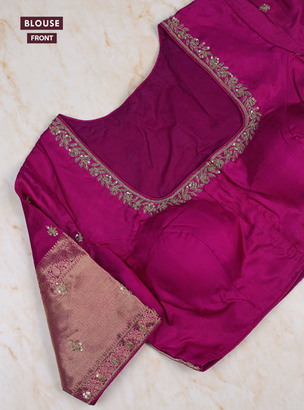 Dual Shade Of Pinkish Orange - Purple Pure Kanchipuram Silk Saree Embroidered Readymade Blouse