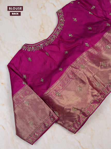 Dual Shade Of Pinkish Orange - Purple Pure Kanchipuram Silk Saree Embroidered Readymade Blouse