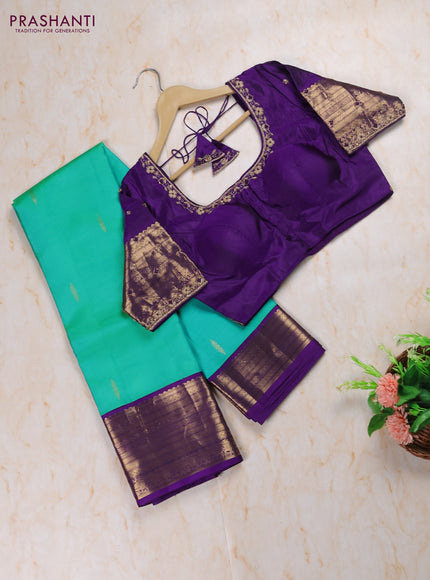 Teal Green - Violet Pure Kanchipuram Silk Saree Embroidered Readymade Blouse