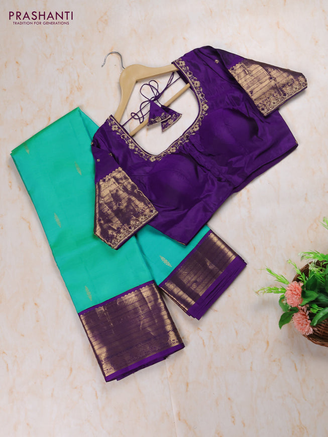 Teal Green - Violet Pure Kanchipuram Silk Saree Embroidered Readymade Blouse