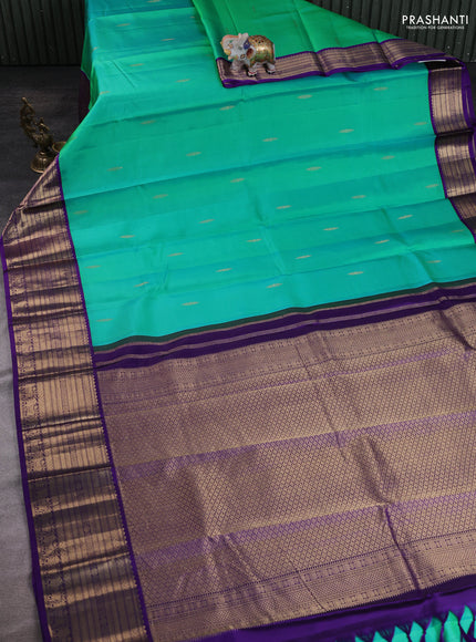 Teal Green - Violet Pure Kanchipuram Silk Saree Embroidered Readymade Blouse