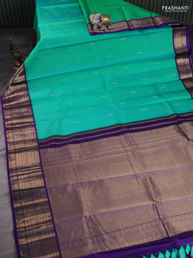 Teal Green - Violet Pure Kanchipuram Silk Saree Embroidered Readymade Blouse
