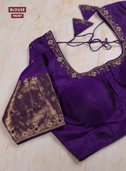 Teal Green - Violet Pure Kanchipuram Silk Saree Embroidered Readymade Blouse
