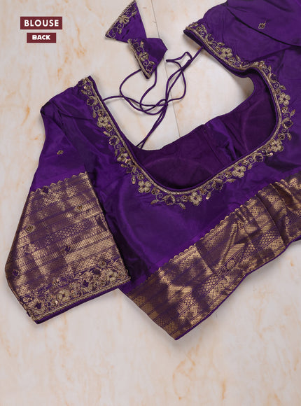 Teal Green - Violet Pure Kanchipuram Silk Saree Embroidered Readymade Blouse