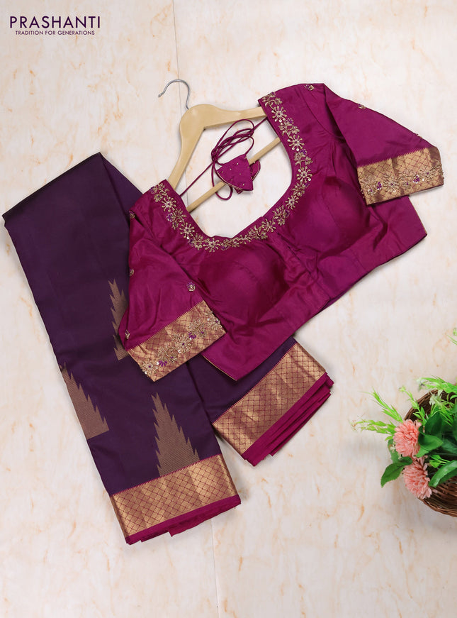 Wine - Magenta Pink Pure Kanchipuram Silk Saree Embroidered Readymade Blouse