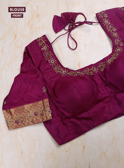 Wine - Magenta Pink Pure Kanchipuram Silk Saree Embroidered Readymade Blouse